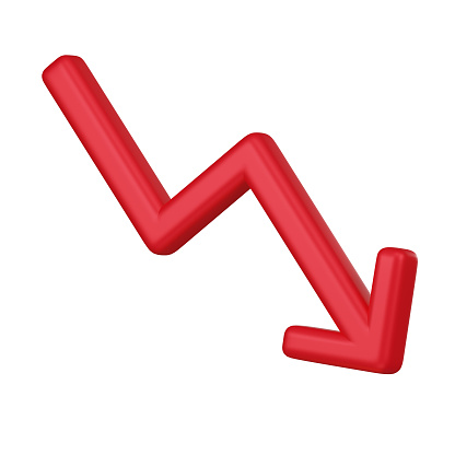 A 3D icon featuring a red downward arrow, commonly representing a decline, decrease, or negative trend in financial and business metrics.