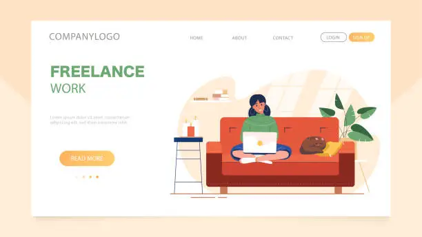 Vector illustration of Freelance work landing page template. Girl working with laptop on the sofa. Woman freelancer working or studying from home online. Self-employed people work in comfortable conditions cute illustration