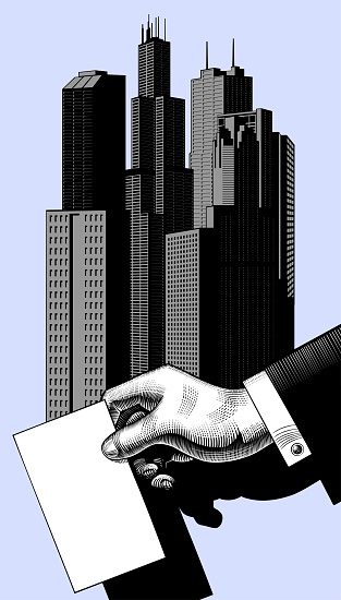 A man's hand with a ballot against the backdrop of tall buildings in an American city. Concept of US Presidential election in vintage engraving style. Vector 

illustration