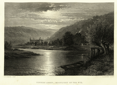 Vintage illustration Ruins of Tintern Abbey, Monmouthshire, Wales, Moonlight on the River Wye, Victorian landscape art