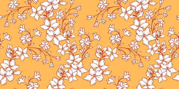 Vector illustration of Art abstract branches  wild flowers in a intertwined seamless pattern. Vector hand drawn sketch silhouettes. Blooming spring or summer meadow yellow background. Simple stylized lines floral printing