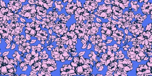Vector illustration of Colorful pink artistic, abstract shape flowers seamless pattern on a blue background. Stylized wild blooming printing. Spring or summer floral with buds and leaves back. Vector hand drawn textured.