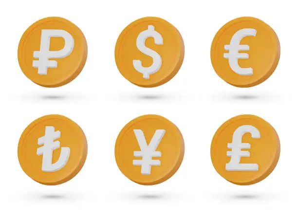 Vector illustration of Set with different 3D vector coins. Russian ruble, Yen, Dollar, Euro, Pound Sterling, Turkish Lira. Currency symbols, 3D icons