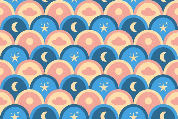 Vector illustration of Cute Kids Seamless Pattern. Day and Night Pastel Colors Background. Sunset, Dawn, Moon, Stars, Sun and Clouds Sky Backdrop. Childish Lovely Repeating Wallpaper.