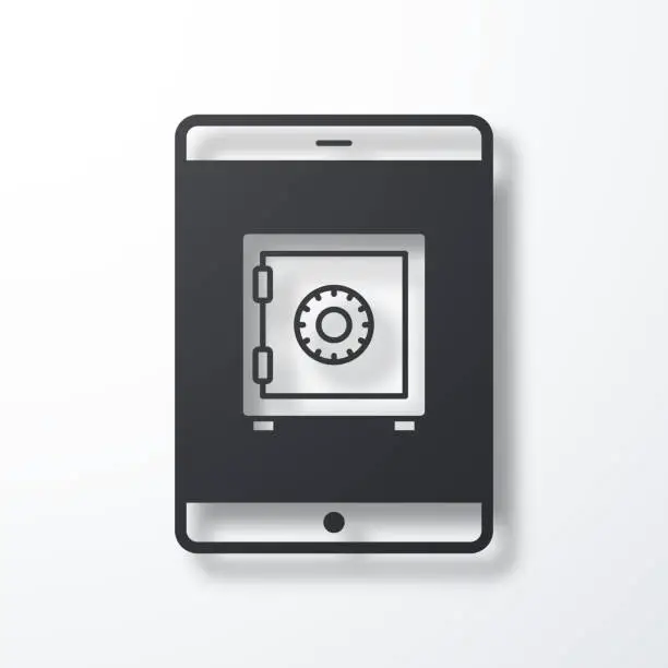 Vector illustration of Tablet PC with safe box. Icon with shadow on white background