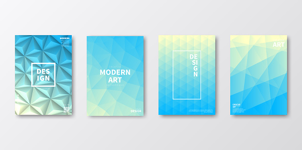 Set of four vertical brochure templates with modern and trendy backgrounds, isolated on blank background. Abstract geometric illustrations in a low poly style. Polygonal mosaics with beautiful color gradient (colors used: Yellow, Beige, Turquoise, Green, Blue). Can be used for different designs, such as brochure, cover design, magazine, business annual report, flyer, leaflet, presentations... Template for your own design, with space for your text. The layers are named to facilitate your customization. Vector Illustration (EPS file, well layered and grouped). Easy to edit, manipulate, resize or colorize. Vector and Jpeg file of different sizes.