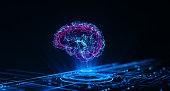 Digital Brain Hologram Hud. Artificial intelligence AI machine deep learning. Business Technology Internet Network Concept