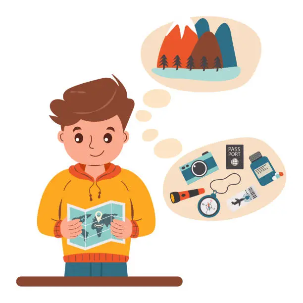 Vector illustration of A young teenage guy is planning a trip, holding a map in his hands. The young man remembers what he needs for a trip to the mountains: documents, a compass, a flashlight, a camera and medicine.