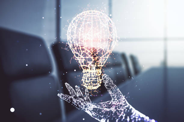 istock Virtual Idea concept with light bulb illustration on a modern conference room background. Multiexposure 1957067876