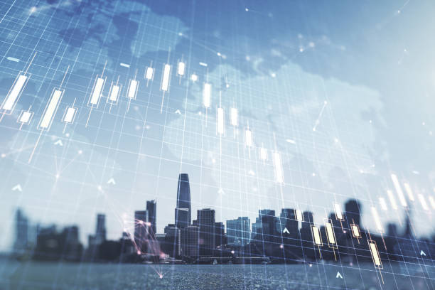 istock Multi exposure of virtual abstract financial chart hologram and world map on San Francisco skyscrapers background, research and analytics concept 1957068770
