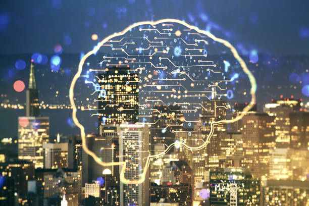 istock Virtual creative artificial Intelligence hologram with human brain sketch on San Francisco cityscape background. Double exposure 1957070117