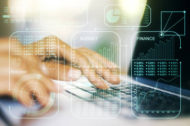 istock Double exposure of abstract creative statistics data hologram with hands typing on laptop on background, statistics and analytics concept 1957070669