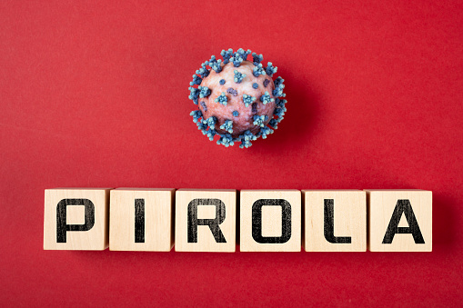 coronavirus and pirola variant on a red background