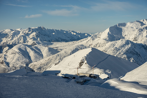 French alps in winter,  Rhone Alpes in France Europe. Les deux alpes Snowy alps mountains in Europe.