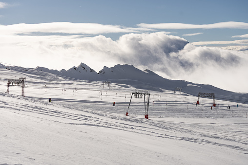 French alps in winter,  Rhone Alpes in France Europe. Les deux alpes Snowy alps mountains in Europe.