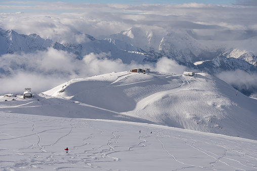 French alps in winter,  Rhone Alpes in France Europe. Les deux alpes Snowy alps mountains in Europe.