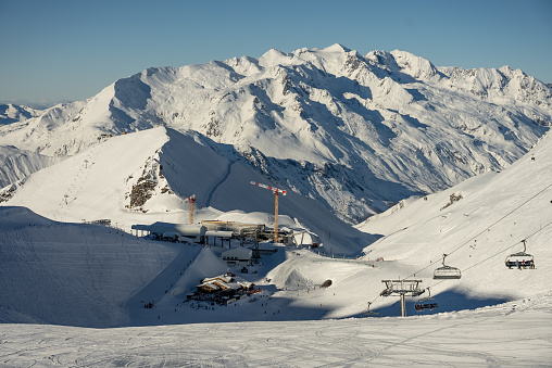 French alps in winter,  Rhone Alpes in France Europe. Les deux alpes Snowy alps mountains in Europe.