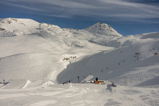French alps in winter,  Rhone Alpes in France Europe. Les deux alpes Snowy alps mountains in Europe.