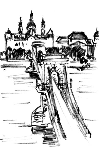 istock Budapest, Hungary, Travel sketch, graphic black and white drawing 1957102481