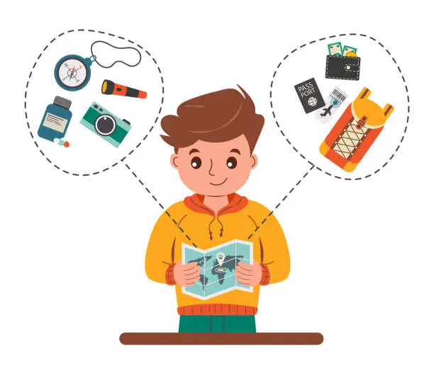 Vector illustration of Man with travel plans. A young man checks his things for the trip.