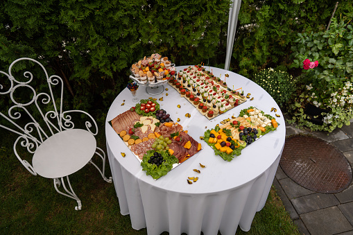Diverse finger food served on table for a party outdoors.