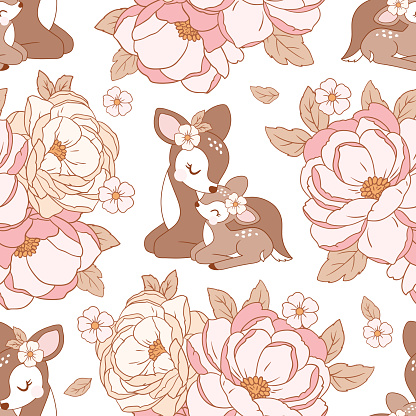 Seamless vector pattern with cute vintage deer and baby fawn with pink peony bouquet. Perfect for textile, wallpaper or nursery print design.