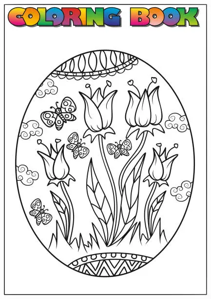 Vector illustration of children's coloring book for Easter, a large egg with flowers and butterflies