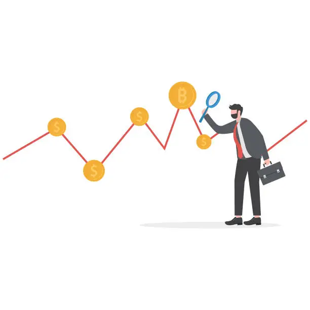 Vector illustration of Businessman investor watch to finance bitcoin graph data stock exchange traders concept vector illustration.