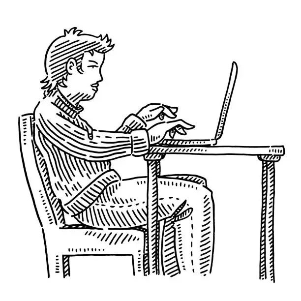 Vector illustration of Man Working On Laptop Side View Drawing