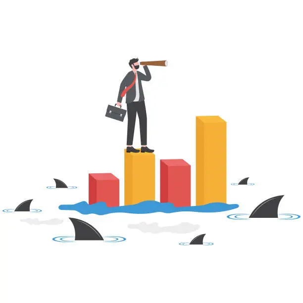 Vector illustration of Risk management for investment or stock trading, crypto currency or economic, market volatility or uncertainty challenge, investment strategy concept, businessman with telescope on risky graph.