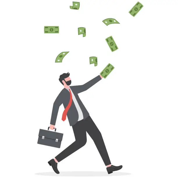 Vector illustration of Financial mistake losing money, investment risk or trading failure, debt and loan, cost and expense problem concept, clumsy businessman investor fall on slippery floor losing all money.