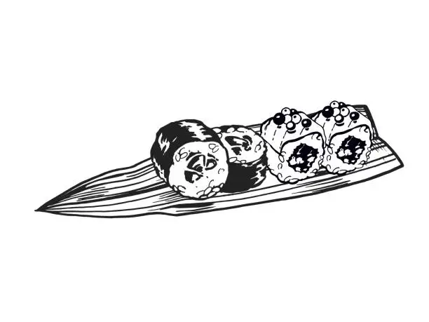Vector illustration of vector illustration of Japanese food theme with rolls, sushi, sashimi, wasabi and bamboo leaves, hand drawn inked monochrome sketch of seafood isolated on white background
