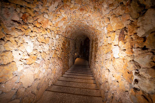Underground tunnel access to the currency cave .Vila de Ourém.  Fatima, Portugal.