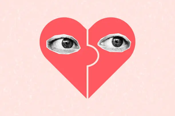 Vector illustration of Halftone collage banner, halves of a puzzle in the shape of a heart with eyes