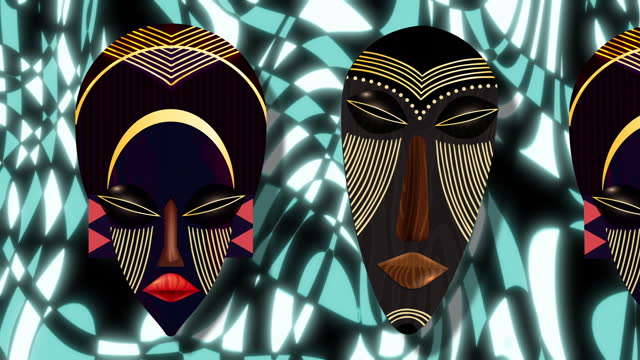 animation - traditional wooden African mask over geometric background