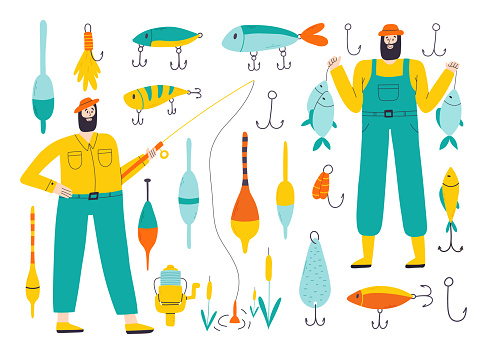 Set of elements for fishing. Collection of fishing gear and fishermen. Vector hand drawn illustration.