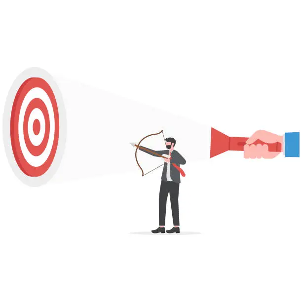 Vector illustration of businessman looking guideline at targets for shooting success concept