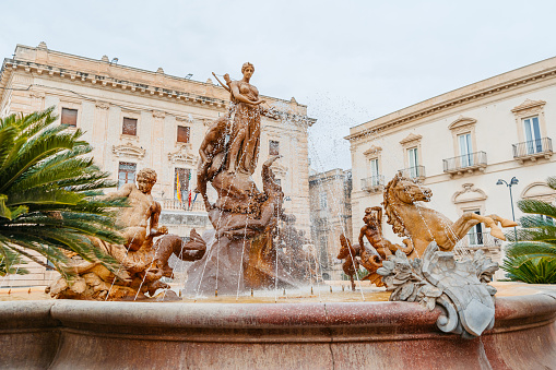 Fountain with lions in Pesaro, Italy. Piazza del popolo