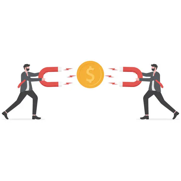 Vector illustration of Business man holding a big magnet and attracting money. Investment attraction concept.