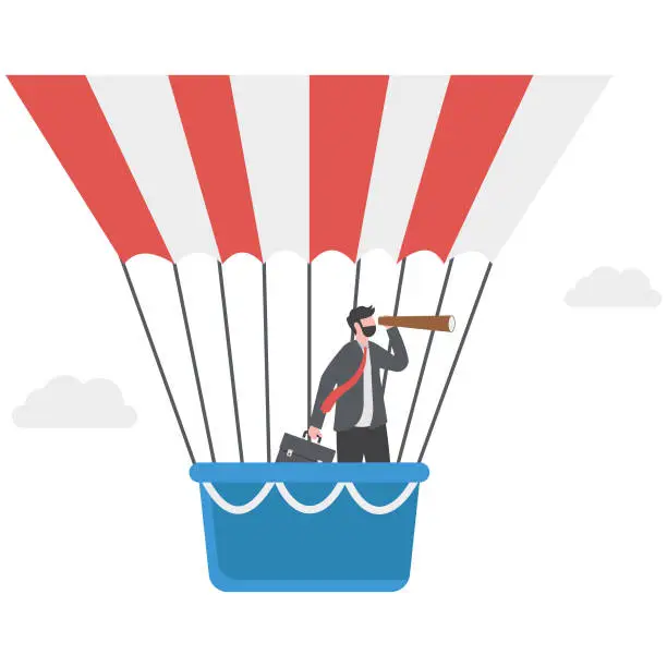 Vector illustration of Business visionary, leadership to achieve mission victory or career path concept, smart businessman flying high on a hot air balloon using spyglass or telescope to see through business vision.