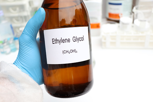 Ethylene Glycol in container, chemical analysis in laboratory, chemical raw materials in industry