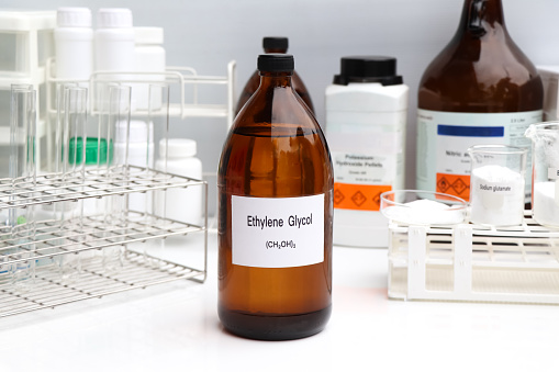 Ethylene Glycol in container, chemical analysis in laboratory, chemical raw materials in industry