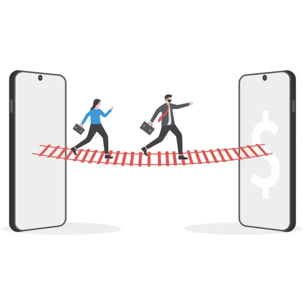 Vector illustration of businessman runs on the bridge between two mobile investment Network communication concepts .