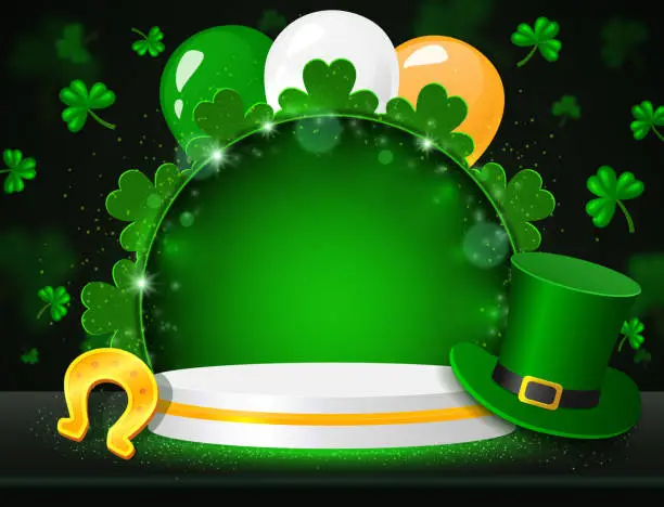 Vector illustration of Vector illustration background with shining stage, colorful balloons, horseshoe, Leprechaun Top Hat and clovers for St Patricks day design