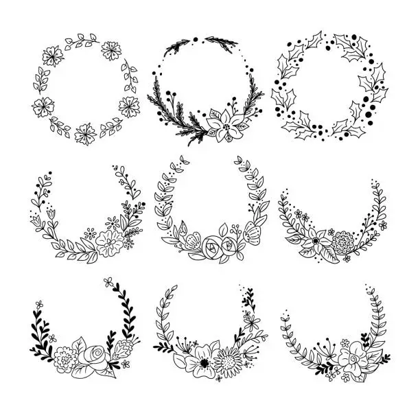 Vector illustration of Contour hand drawn floral wreaths. Set of items