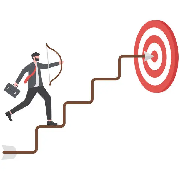 Vector illustration of Step to reach goal, success or achieve business target, strategy plan to improve and overcome challenge, progress or aiming to win concept, businessman archery run on stair case arrow to reach goal.