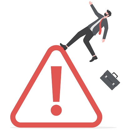 Mistake caution,businessman risk or problem warning, failure prevention or avoid danger concept, cautious businessman slip falling on exclamation symbol beware, careful caution sign.fail vector