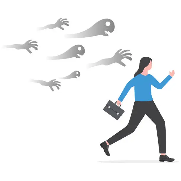 Vector illustration of Business woman running away from ghost or creepy monster hand chasing,failure, anxiety, depression or panic attack, afraid business failure concept vector
