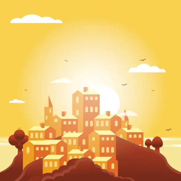 Vector illustration of Creative Medieval town landscape with sun and clouds