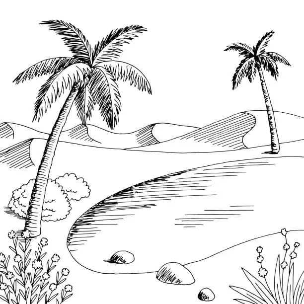 Vector illustration of Oasis desert graphic black white landscape illustration vector